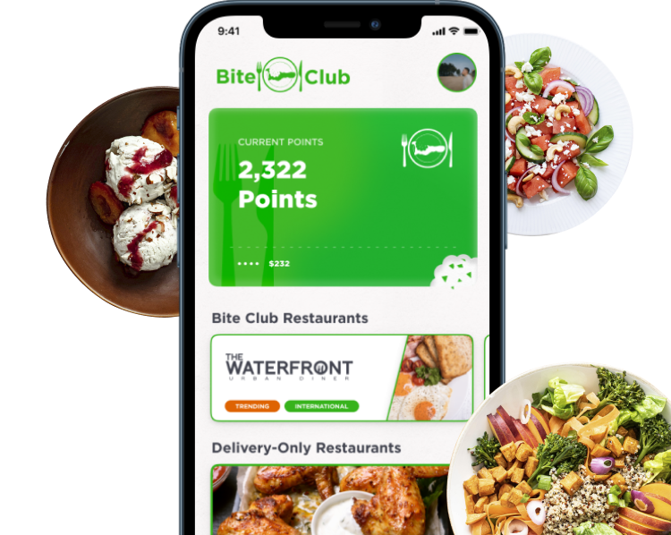 bite club restaurant loyalty mobile app preview on a background with three dishes