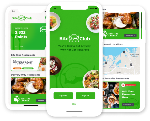 Bite Club app mobile preview on three phones