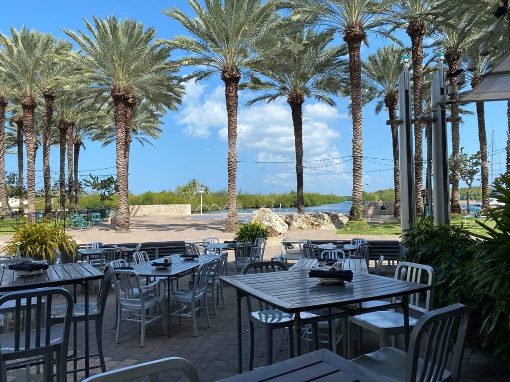 View of the Crescent waterfront in Camana Bay, a popular dining destination in Grand Cayman.
